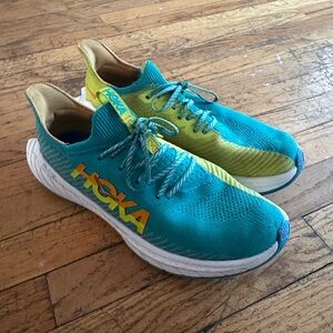 Hoka Teal and Yellow Running Shoes
